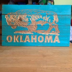 Teal Oklahoma Buffalo wooden hanging sign